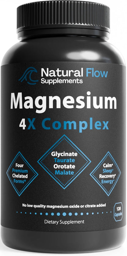 4X Magnesium Glycinate, Taurate, Malate, Orotate Complex for Calm Sleep, 120 Caps