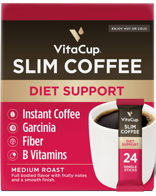 VitaCup Slim Instant Coffee Packets, with Garcinia, Fiber, B Vitamins, Bold & Smooth, Medium Dark Roast, 100% Arabica Coffee in Single Serve Sticks, 24 Ct