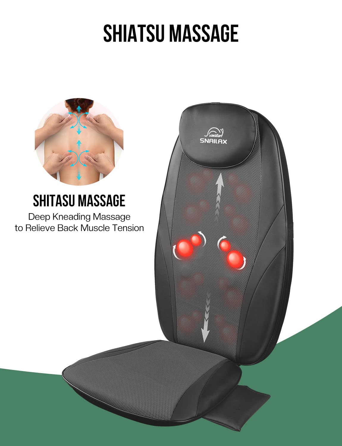 Snailax Shiatsu Massage Cushion with Heat Massage Chair Pad Kneading Back Massager for Home Office Seat use